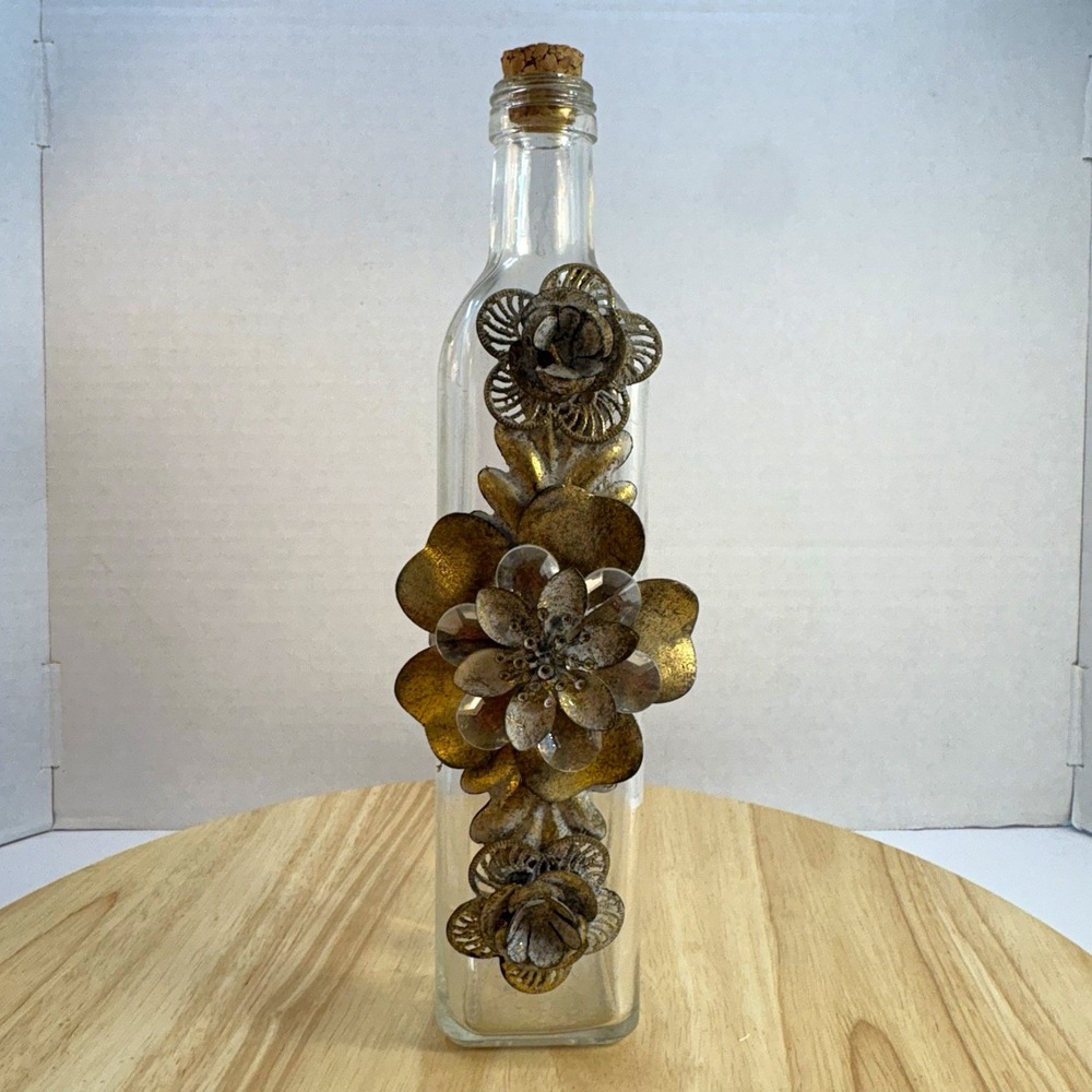 Clear Glass Decorative Bottle w/ Cork Lid, Metal Floral Accents, 12 in